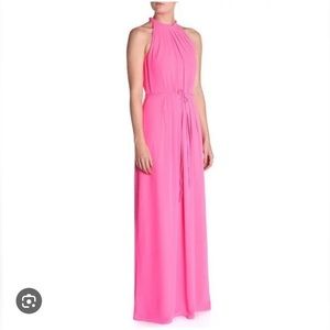 TED BAKER BRIGHT PINK PLEATED HALTER HIGH NECK MAXI GOWN SIZE 0 LIKE NEW